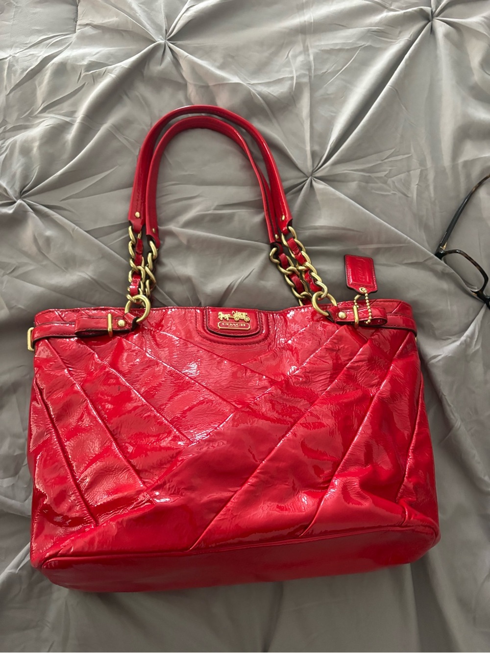 Coach Quilted Patent Tote in Red with Gold Hardware